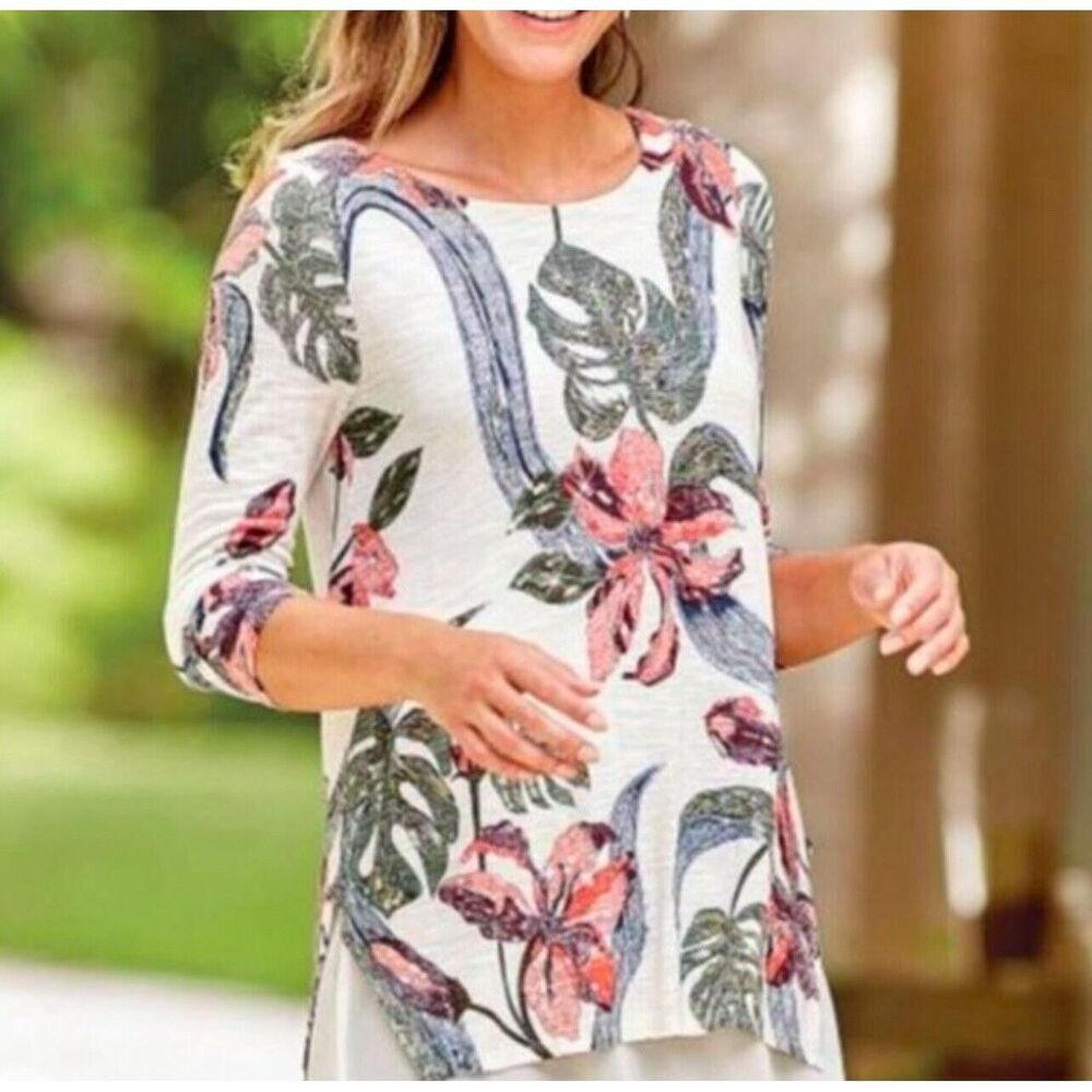 Soft Surroundings Tunic Top Appeal Floral Cream Long Sleeve Layered Sequin XL